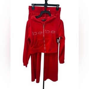 NEW! NWT Y2K bebe Red Rhinestone Logo Velour Zip Hoodie & Pants Set
